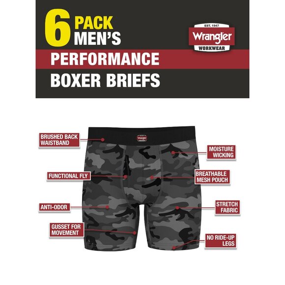 NWT Wrangler Workwear Men’s 6" Performance Boxer Briefs – 6-Pack Grey/Black - Picture 2 of 5